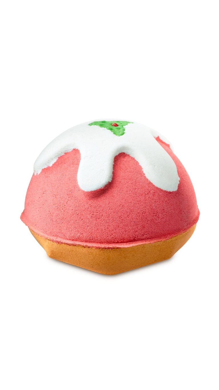 A red, brown and white pudding-shaped bath bomb. 