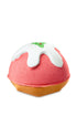 A red, brown and white pudding-shaped bath bomb. 