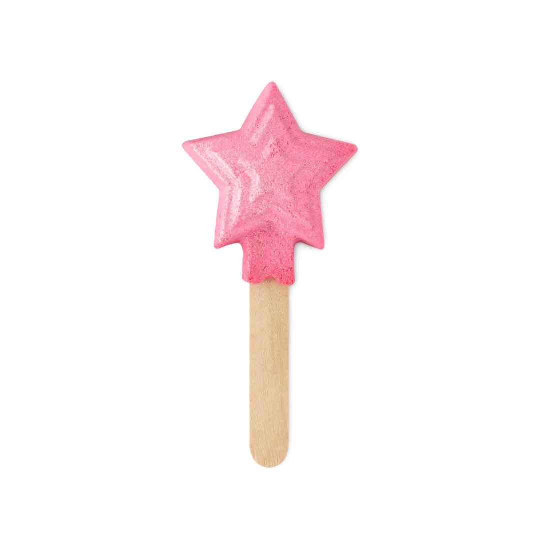 Pink star-shaped bubble bar on a wooden stick against a white background