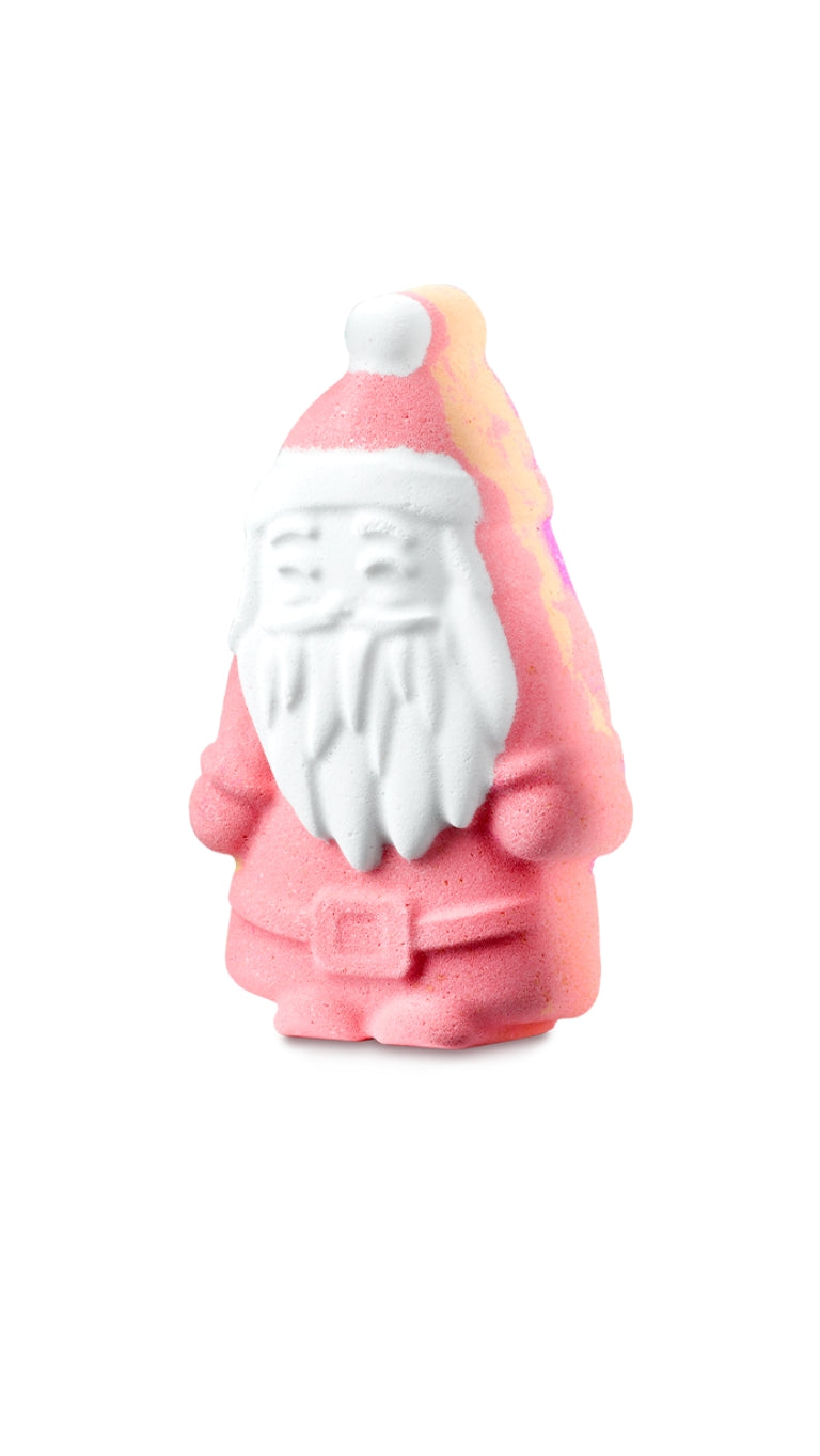 A red and white santa-shaped bath bomb. 