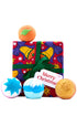 Merry Christmas gift featuring four festive bath bombs displayed around a graphic bell wrapped gift box. 