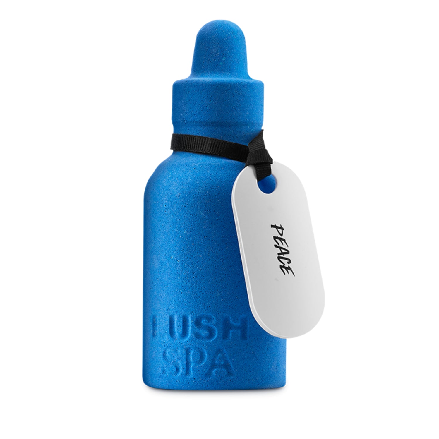Blue bottle-shaped bath bomb with a white luggage tag attached by a black ribbon.