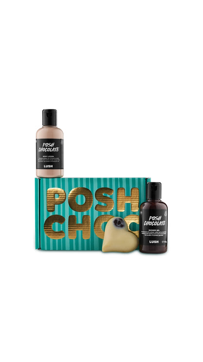 Posh Chocolate gift featuring Posh Chocolate Body Lotion, Shower Gel and a heart-shaped massage bar displayed with a themed gift box.