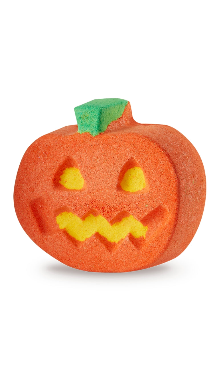 An orange pumpkin-shaped bath bomb. 