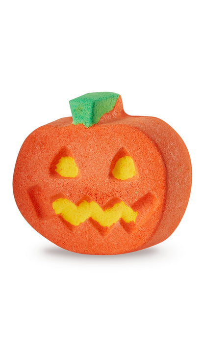 An orange pumpkin-shaped bath bomb. 