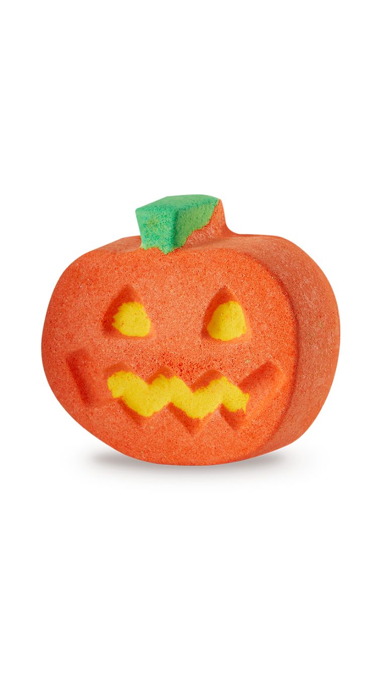 An orange pumpkin-shaped bath bomb. 