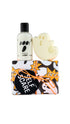Self Scare gift set featuring Boo shower gel and Ghost Glow in the Dark soap piece displayed on top of a wrapped ghost patterned gift box. 