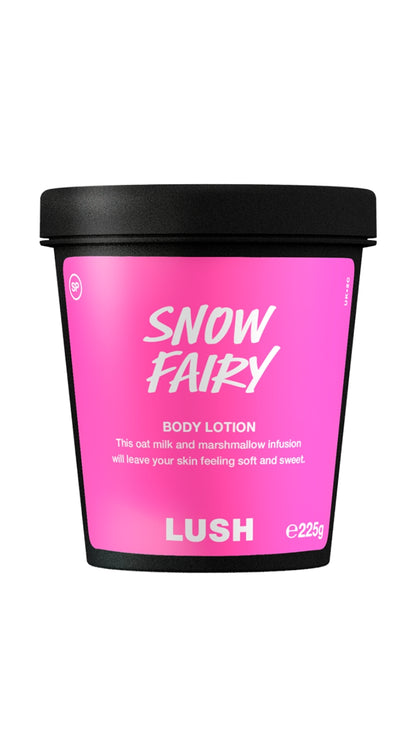 A tall black pot of Snow Fairy Body Lotion with a pink and white label on the front. 