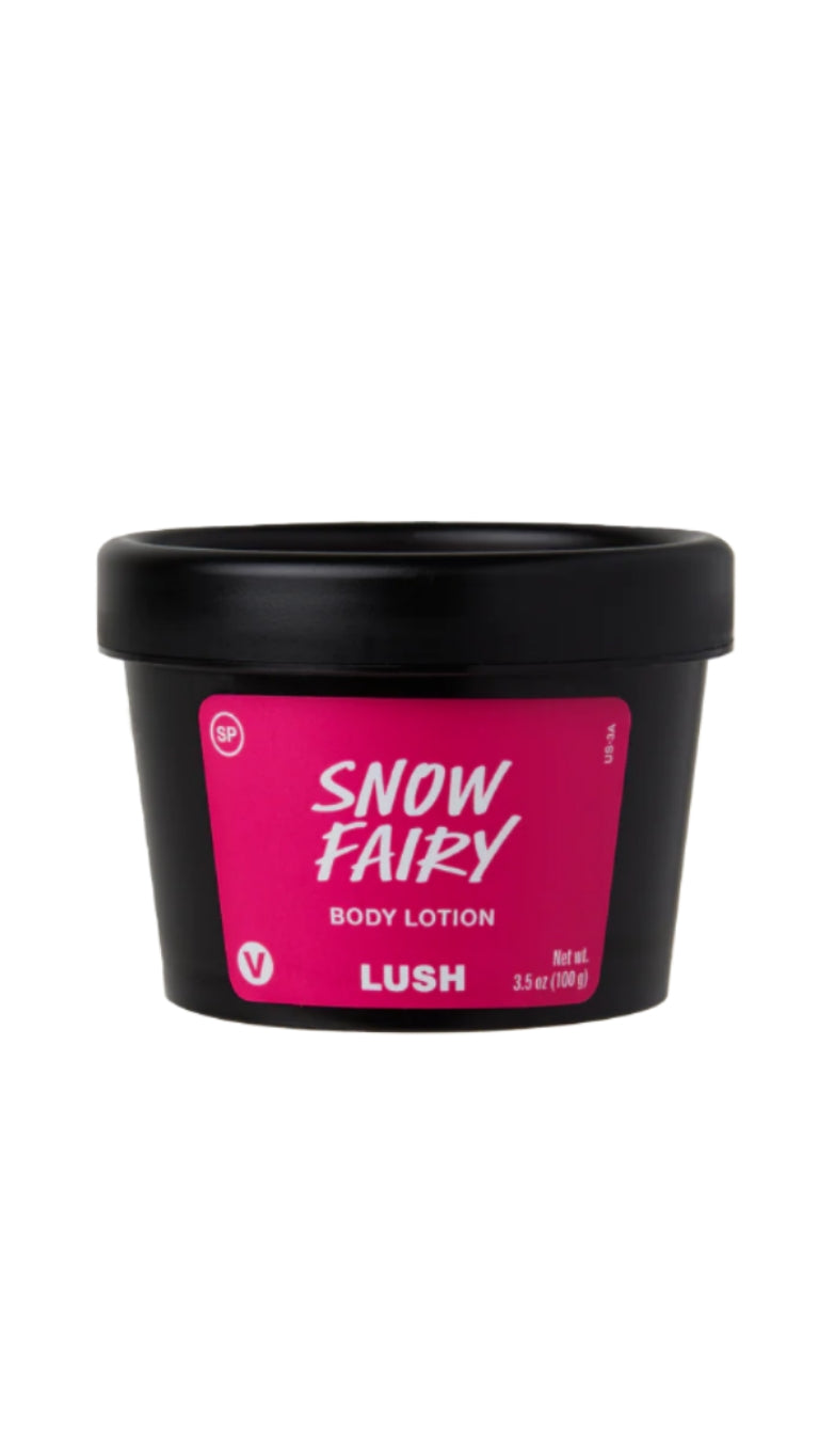 A black pot of Snow Fairy Body Lotion with a pink and white label on the front. 