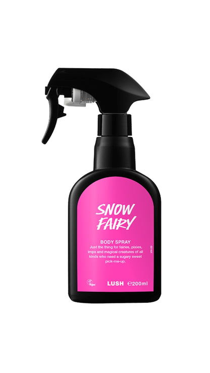 A tall black spray bottle of Snow Fairy fragrance with a pink and white label. 