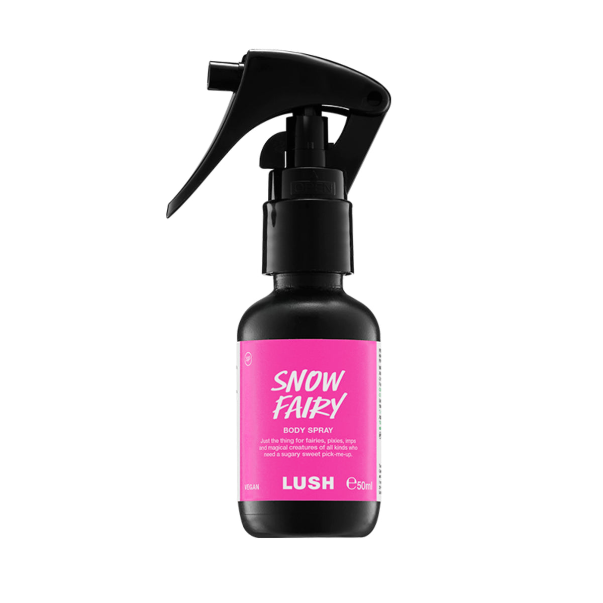 Snow Fairy body spray in a black trigger bottle with a bright pink label, on a white background.