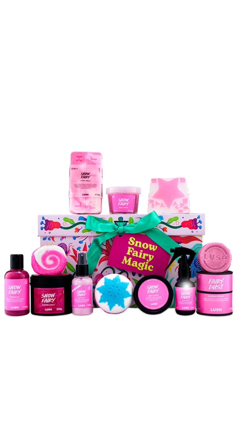 Snow Fairy Magic gift featuring a variety of snow fairy related products displayed in front of a large hat box. 