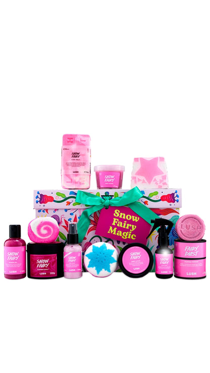 Snow Fairy Magic gift featuring a variety of snow fairy related products displayed in front of a large hat box. 