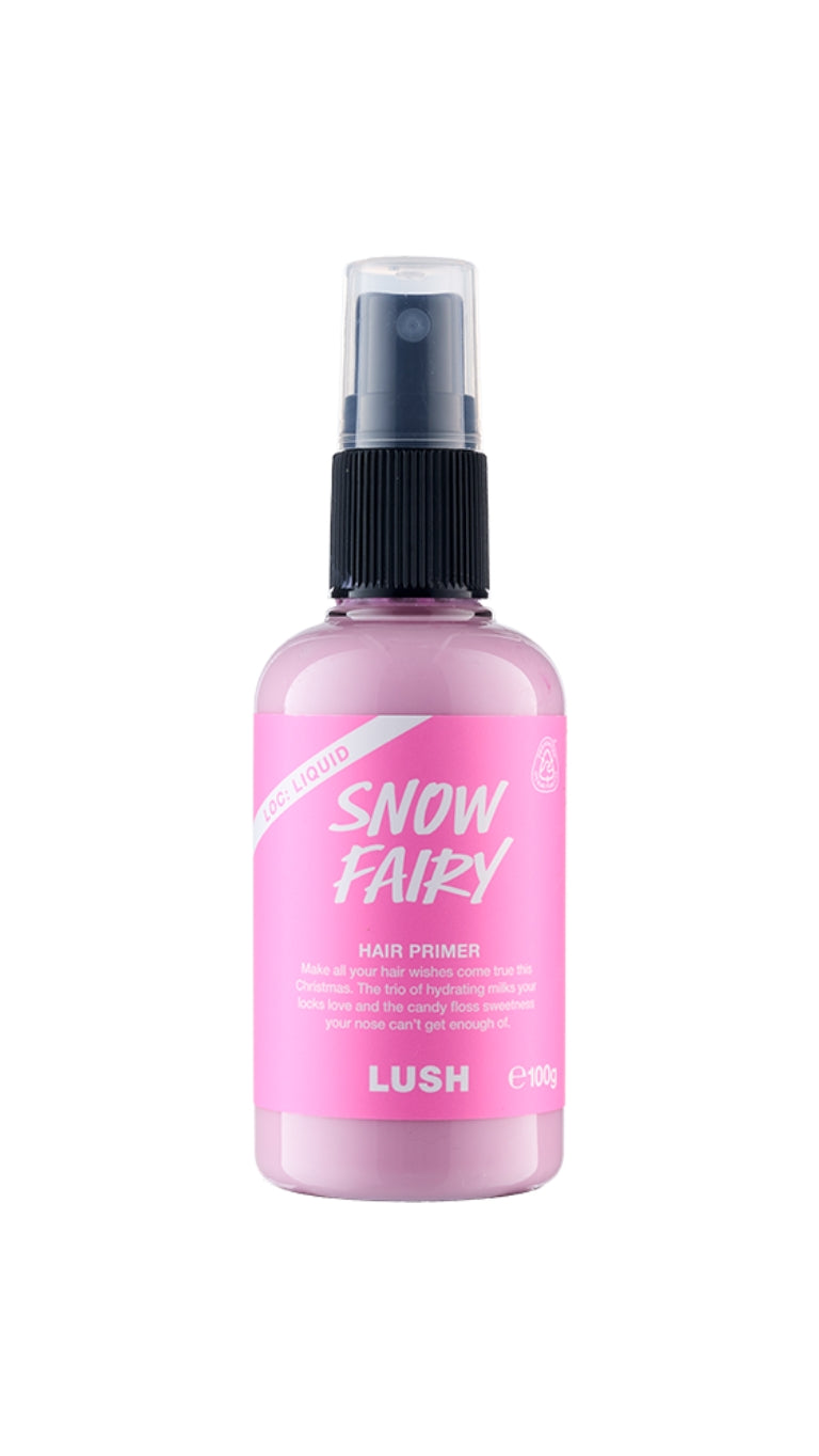 A clear bottle of Snow Fairy hair primer with a black cap and a pink and white label. 