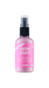 A clear bottle of Snow Fairy hair primer with a black cap and a pink and white label. 