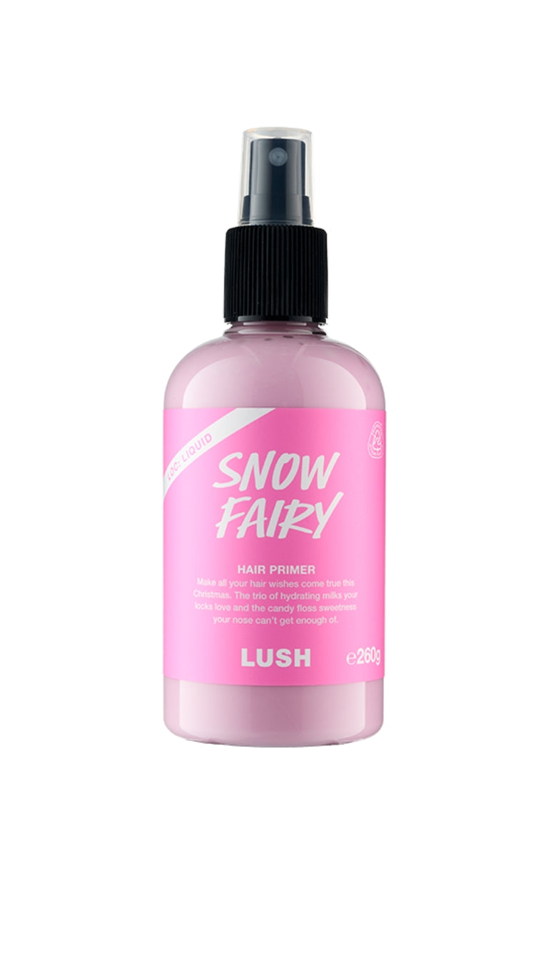 A clear bottle of Snow Fairy hair primer with a black cap and a pink and white label. 