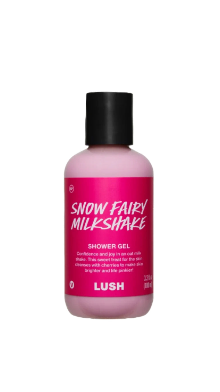 A clear bottle of pink Snow Fairy Milkshake Shower Gel with a black cap and bright pink label.