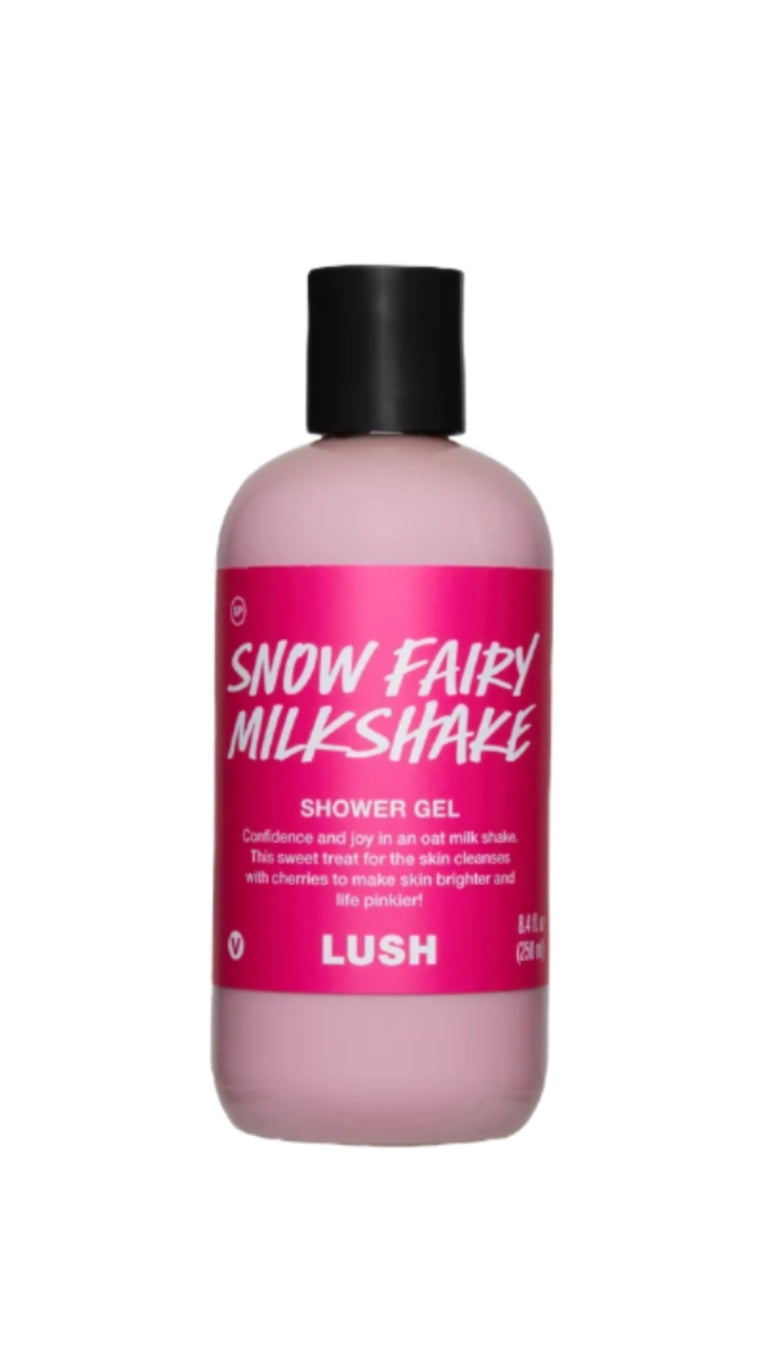 A clear bottle of pink Snow Fairy Milkshake Shower Gel with a black cap and bright pink label.