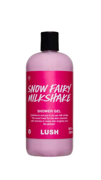 A clear bottle of pink Snow Fairy Milkshake Shower Gel with a black cap and bright pink label.