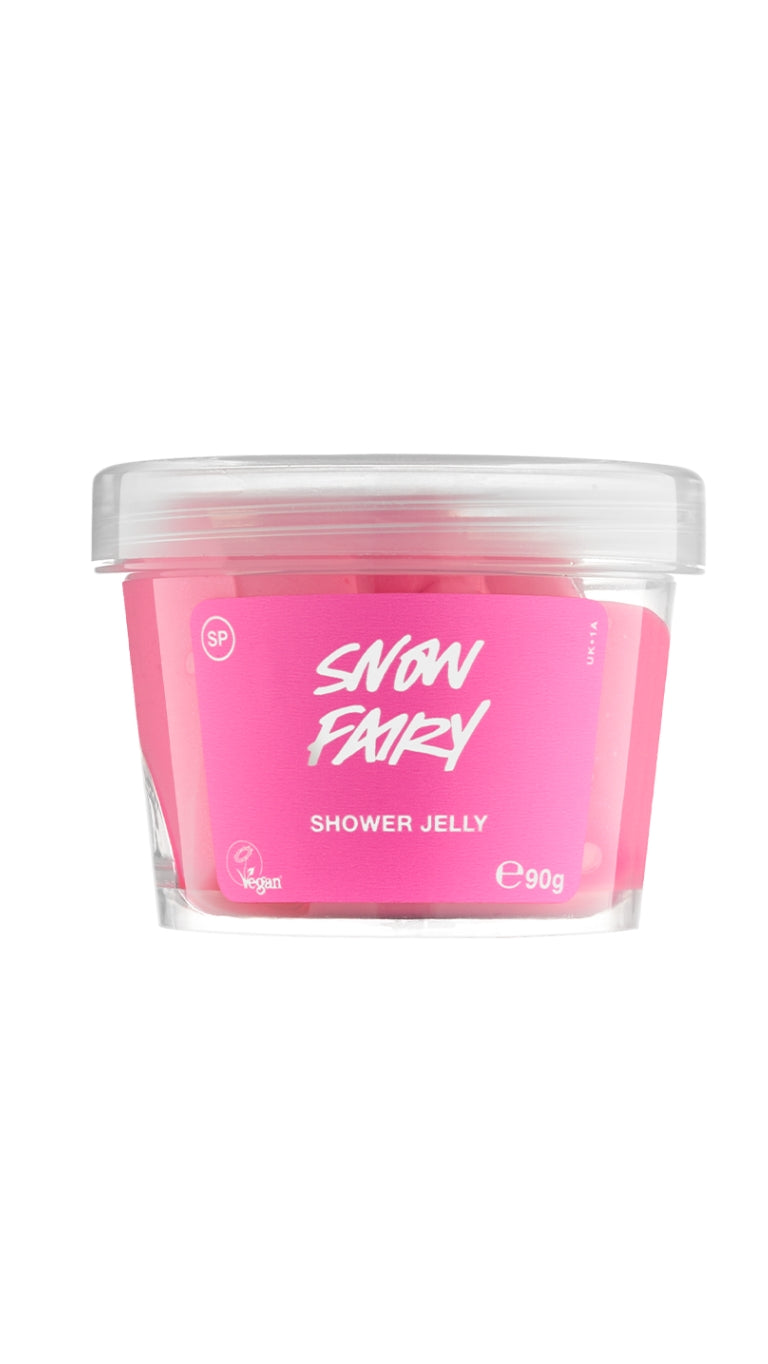 A clear pot of Snow Fairy Shower Jelly with a clear lid and white and pink product label.