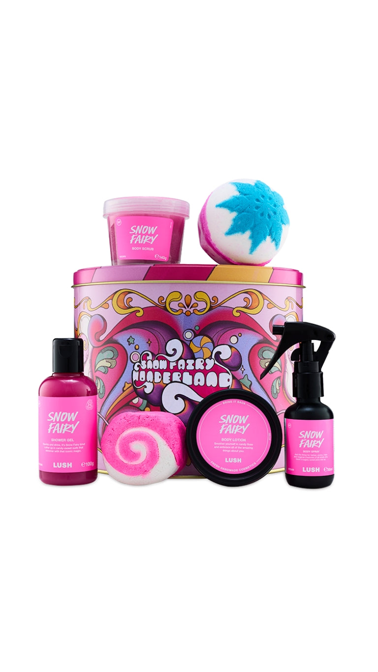 Snow Fairy Wonderland gift featuring a variety of snow fairy products displayed in front of a circular gift tin. 