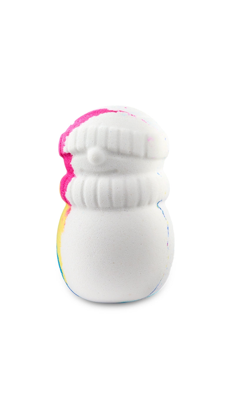 A half white half colourful snowman-shaped bath bomb.