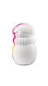 A half white half colourful snowman-shaped bath bomb. 