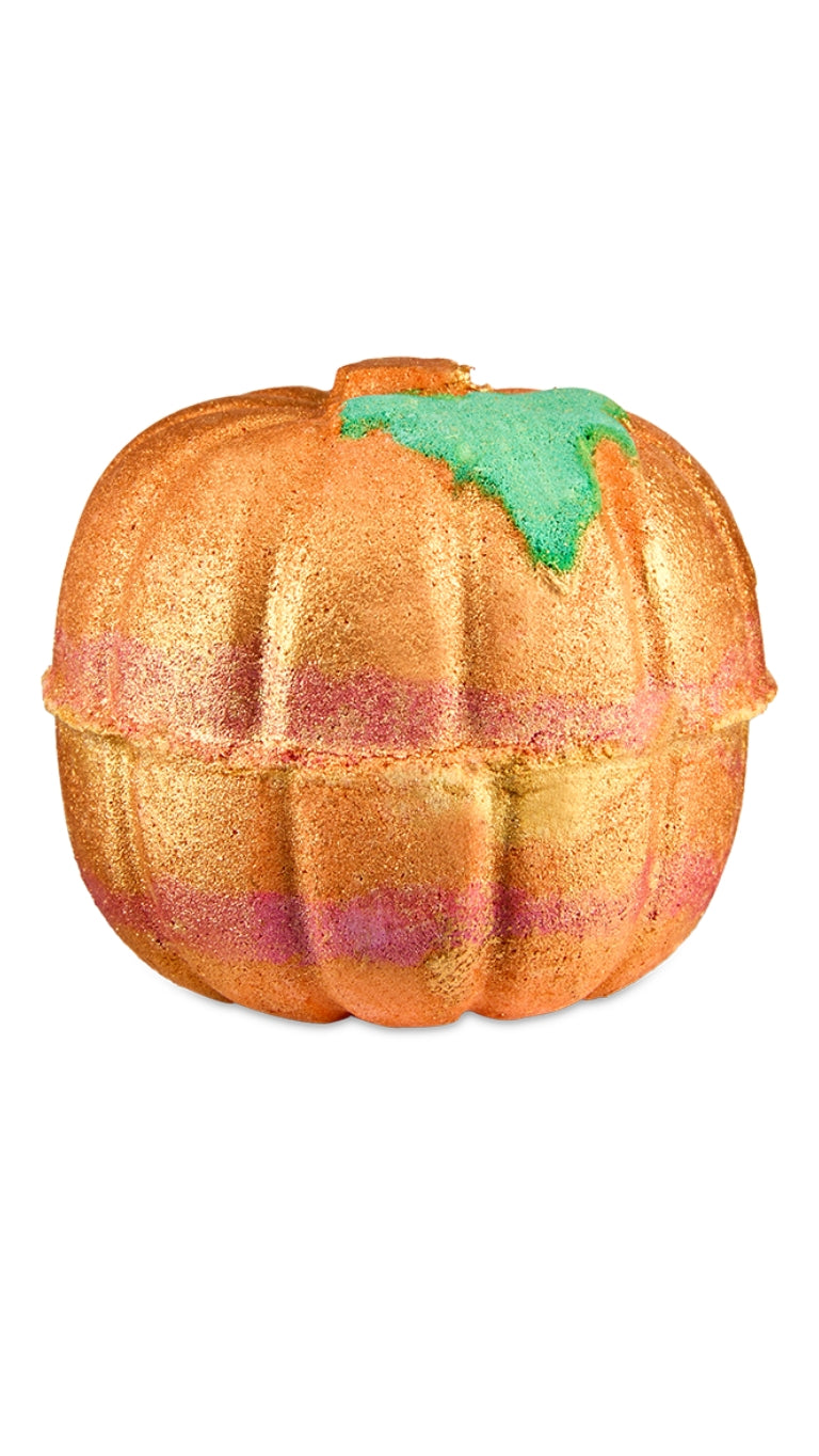 An orange circular pumpkin-shaped bath bomb.