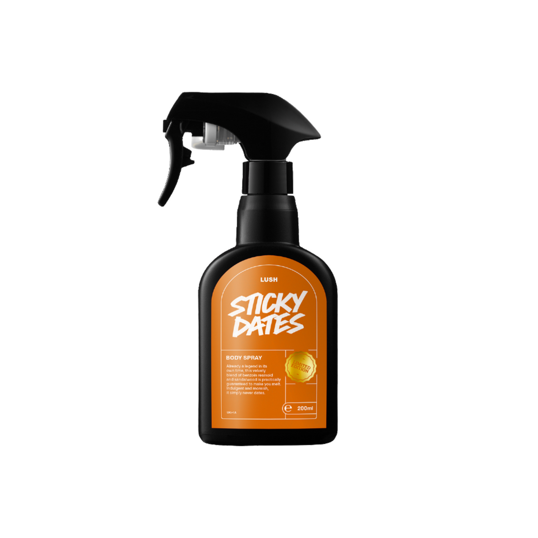 Sticky Dates. A classic black LUSH body spray bottle with a golden-syrup coloured sticker and the product name &quot;Sticky Dates&quot; printed on the front.