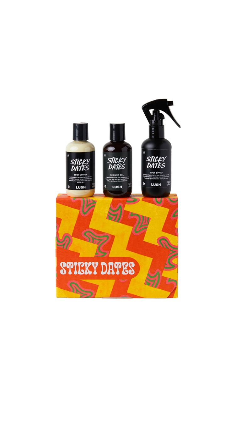 Sticky Dates gift featuring Sticky Dates Body Lotion, Shower Gel and Body Spray displayed on a vibrant patterned gift box