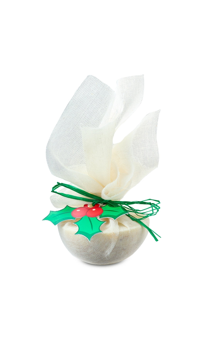 A naked bath oil wrapped in a mesh cheese cloth with a green ribbon. 