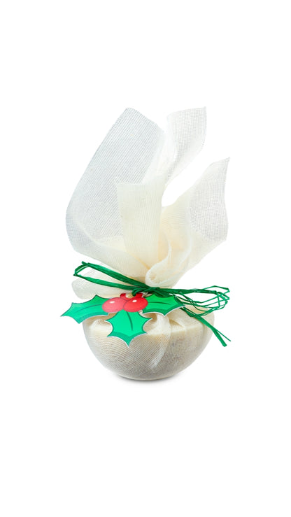 A naked bath oil wrapped in a mesh cheese cloth with a green ribbon. 