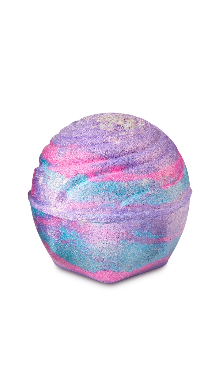 A purple, pink and blue marbled circular bath bomb.