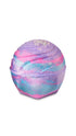 A purple, pink and blue marbled circular bath bomb.