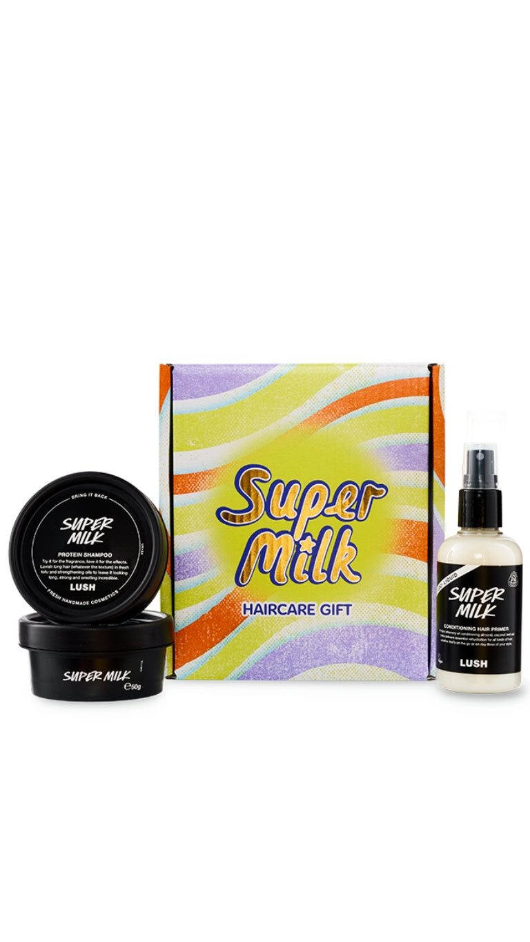Super Milk Haircare gift featuring Super Milk Hair Primer and Super Milk Protein Hair Treatment displayed with a colourful gift box.