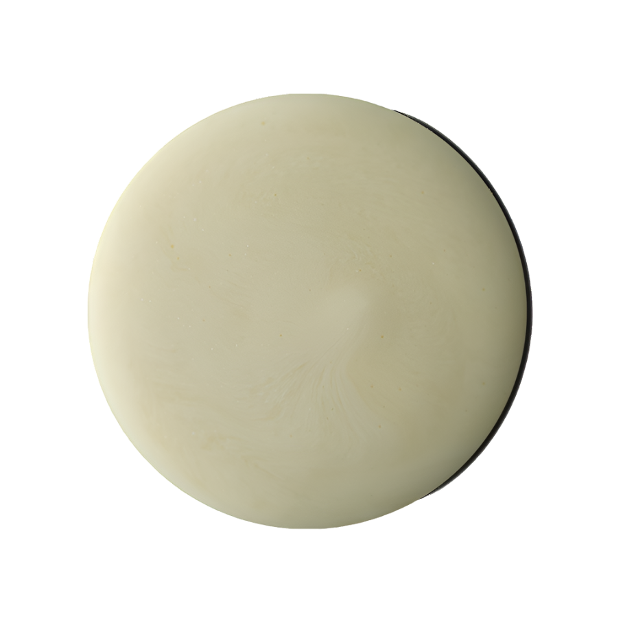 Super Milk. A perfectly circular swatch of thick, glossy off-white shower gel.