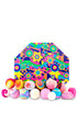 The Art of Bathing Gift featuring a large variety of vibrant and colourful bath bombs displayed in front of a multi-pattern and graphic hexagon-shaped hat box. 