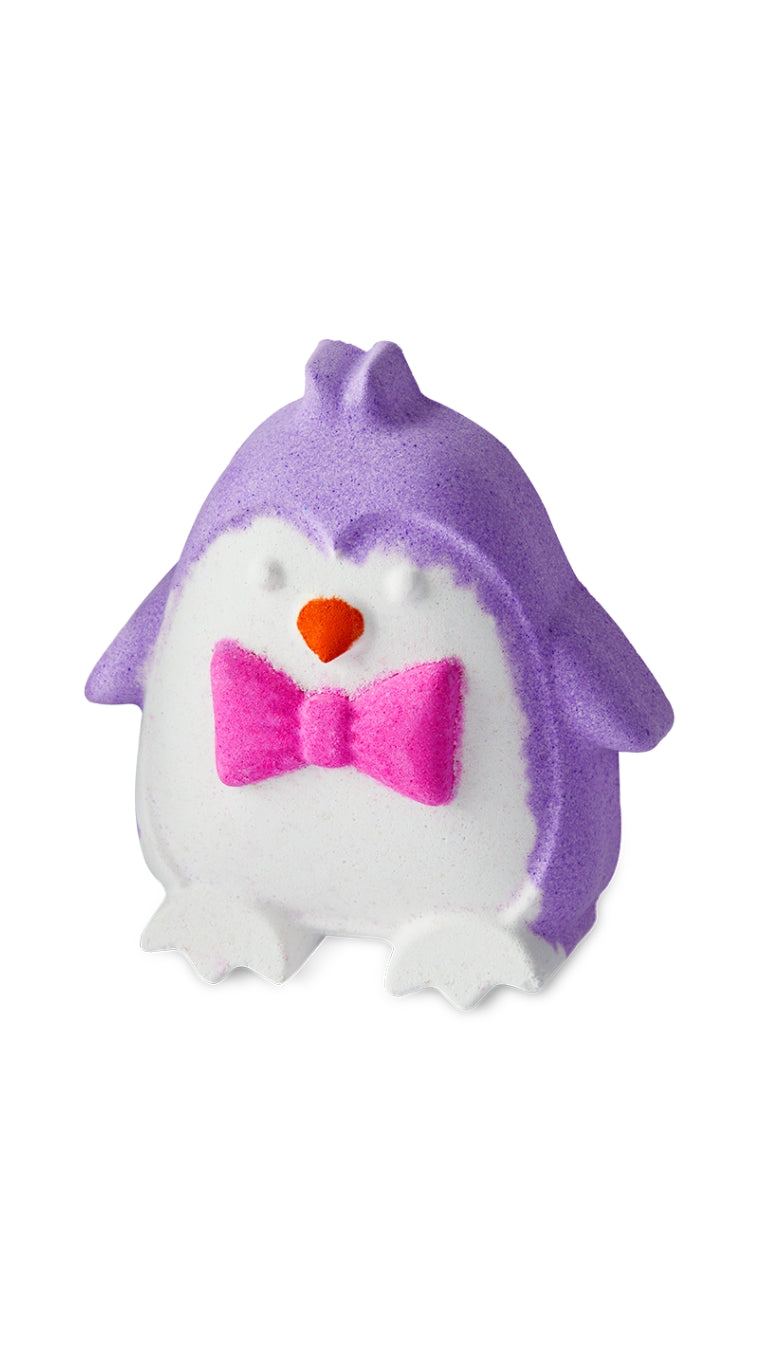 A purple and white penguin-shaped bath bomb with a bright pink bow. 
