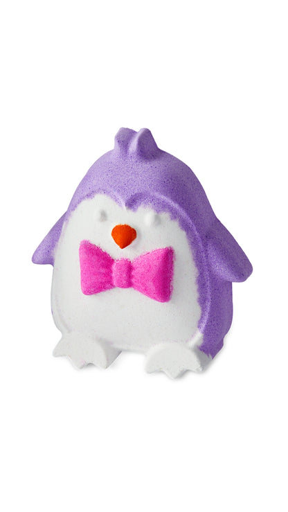 A purple and white penguin-shaped bath bomb with a bright pink bow. 