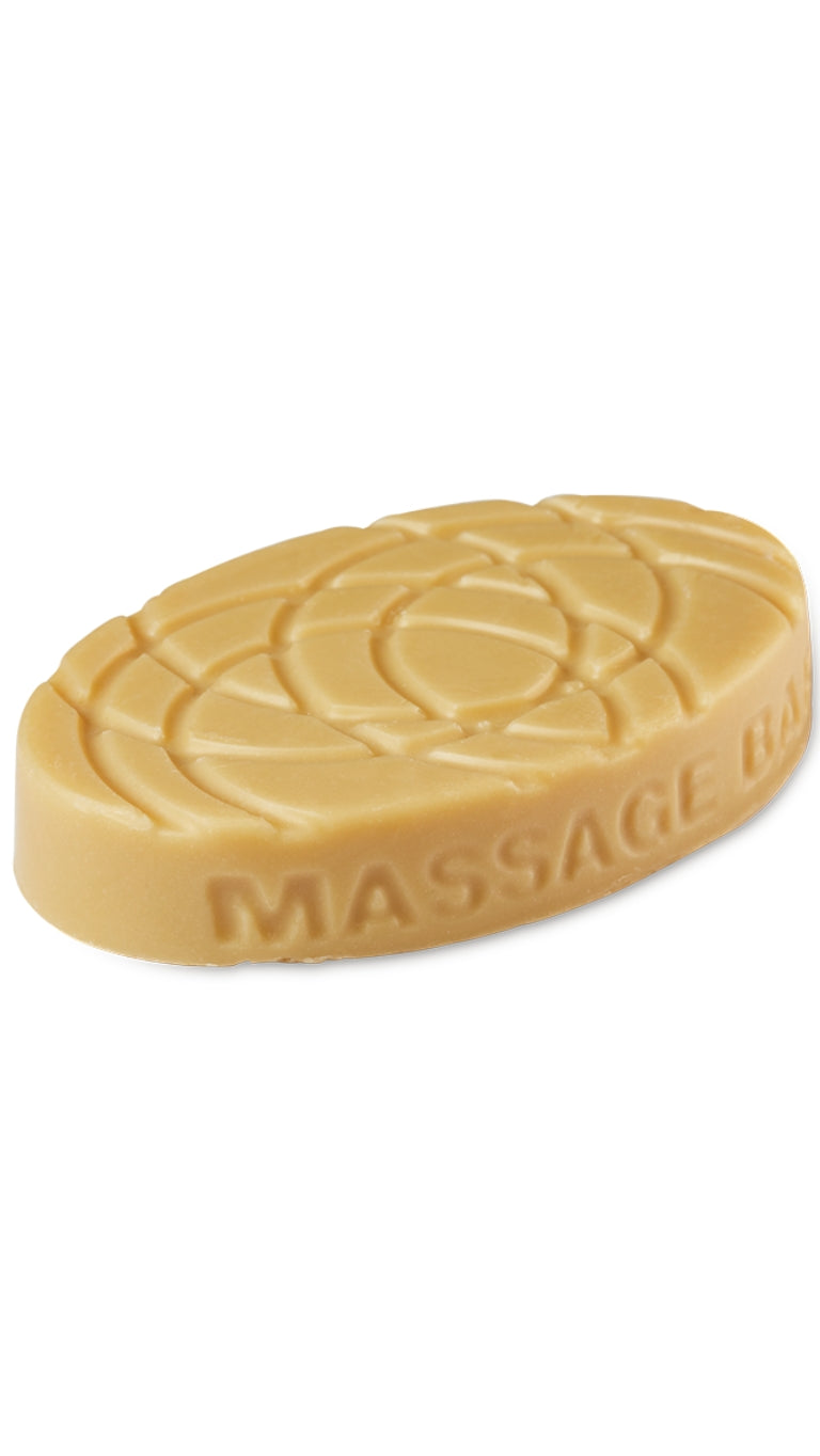 A cream oval-shaped lush massage bar that smells like toffee pudding. 