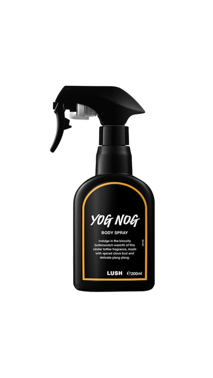 A black spray bottle filled with Yog Nog fragrance with an orange bordered black product label